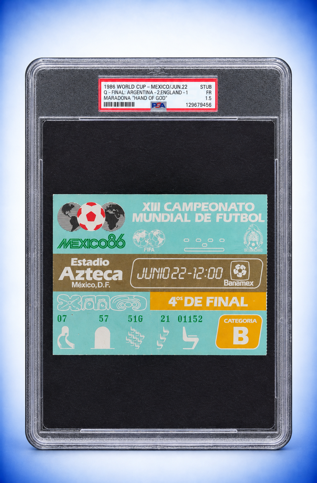 Match Ticket World Cup 1986 Diego Maradona Argentina England Hand Of God PSA 1.5